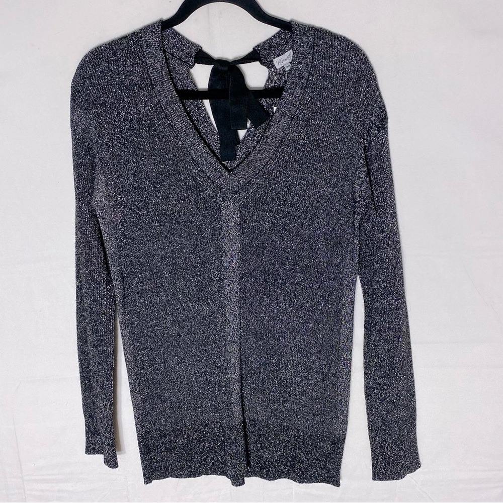 Kismet Elegant Black Silver Sparkly V Neck Sweater with Bow Detail M NWT